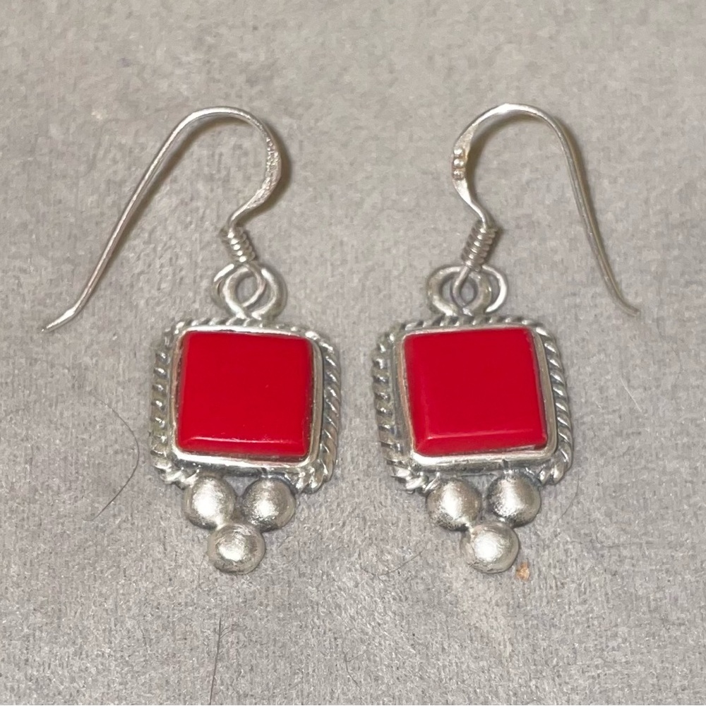 Vintage Handmade Thai Sterling Silver Mediterranean Red Coral Dangle Earrings